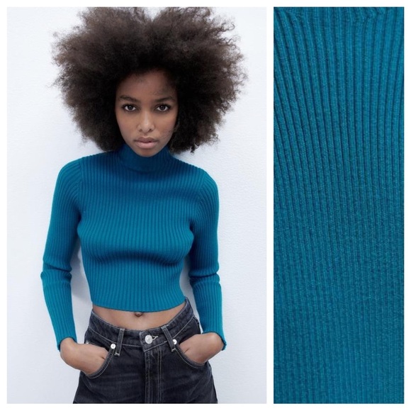NWT. Zara Blue Cropped Mock Neck Sweater. Size S, M. - Picture 1 of 8